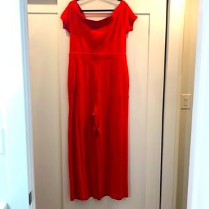 Red Jumpsuit with Bow Neck, Wide Leg and POCKETS!